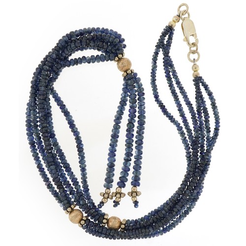 2629 - Silver mounted blue sapphire multi strand necklace, 47cm in length, 35.5g