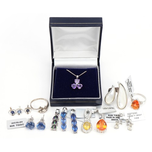 2630 - Silver jewellery set with semi precious stones including amethyst, sapphire and citrine, total weigh... 