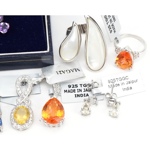 2630 - Silver jewellery set with semi precious stones including amethyst, sapphire and citrine, total weigh... 