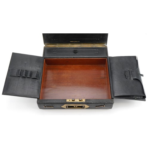 422 - Tooled leather folding Campaign writing box with brass mounts, retailed by Allen. Maker, 37 Strand, ... 