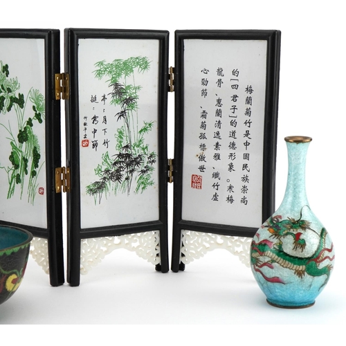 1135 - Japanese and Chinese sundry items including hardwood and porcelain six fold screen and Japanese cloi... 