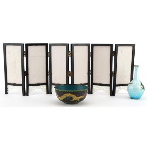 1135 - Japanese and Chinese sundry items including hardwood and porcelain six fold screen and Japanese cloi... 