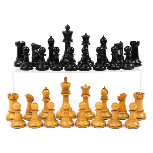 446 - J Jaques & Sons, 20th century Staunton Chessmen pattern ebony and boxwood chess set with fitted baiz... 