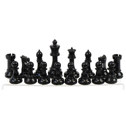 446 - J Jaques & Sons, 20th century Staunton Chessmen pattern ebony and boxwood chess set with fitted baiz... 