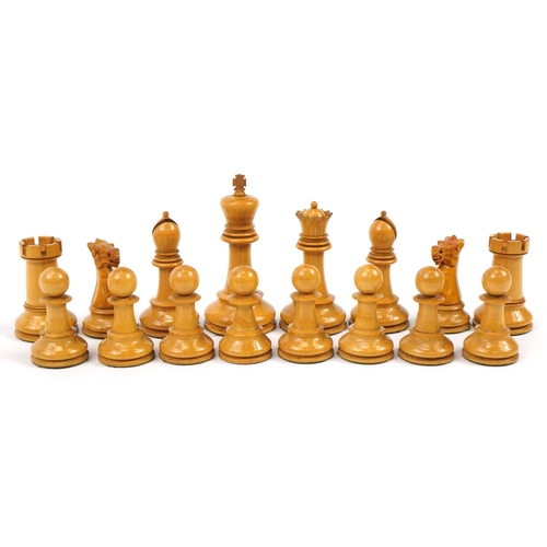 446 - J Jaques & Sons, 20th century Staunton Chessmen pattern ebony and boxwood chess set with fitted baiz... 