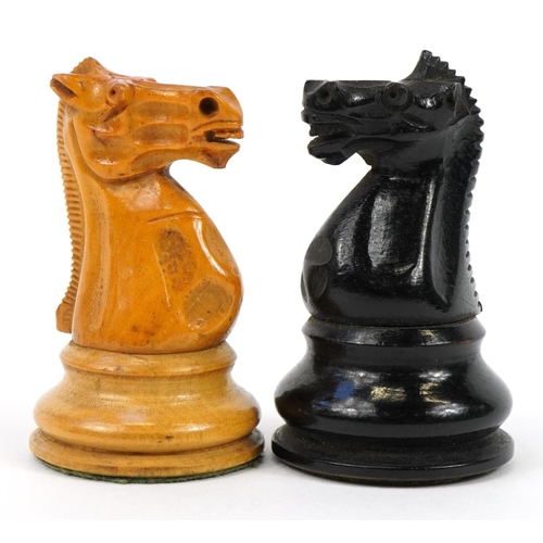 446 - J Jaques & Sons, 20th century Staunton Chessmen pattern ebony and boxwood chess set with fitted baiz... 