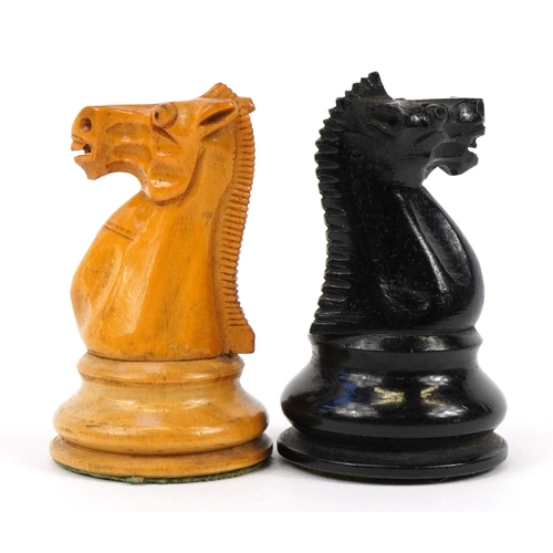 446 - J Jaques & Sons, 20th century Staunton Chessmen pattern ebony and boxwood chess set with fitted baiz... 