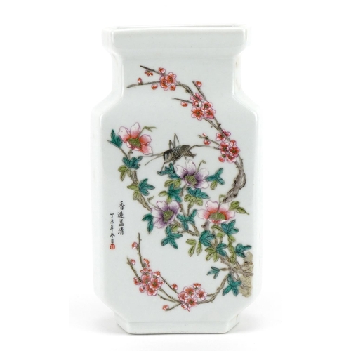 100 - Chinese porcelain vase hand painted in the famille rose palette with an insect and flowers, with cal... 