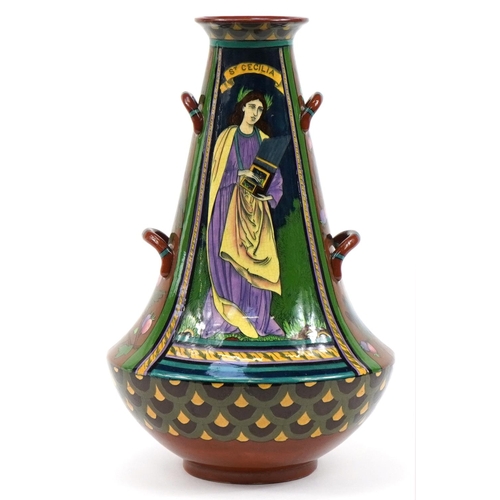 3 - Foley Intarsio, Art Nouveau four handled vase hand painted with St Cecilia, numbered 4032, 42cm high