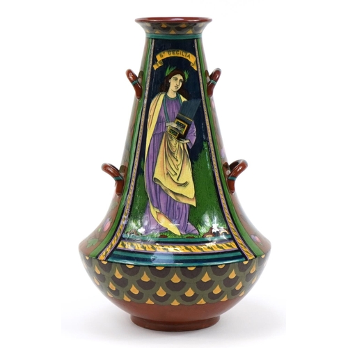 3 - Foley Intarsio, Art Nouveau four handled vase hand painted with St Cecilia, numbered 4032, 42cm high