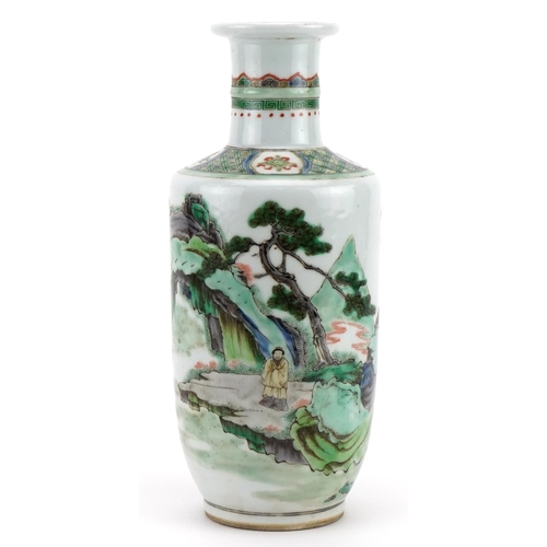 49 - Chinese porcelain Rouleau vase hand painted in the famille rose palette with a figure in a landscape... 