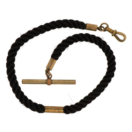 1129 - Victorian hair work watch chain with metal mount and T bar, 30cm in length