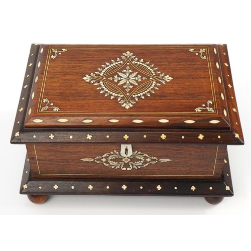 1141 - Indian hardwood table casket with bone inlay, 19cm H x 34cm W x 23cm D