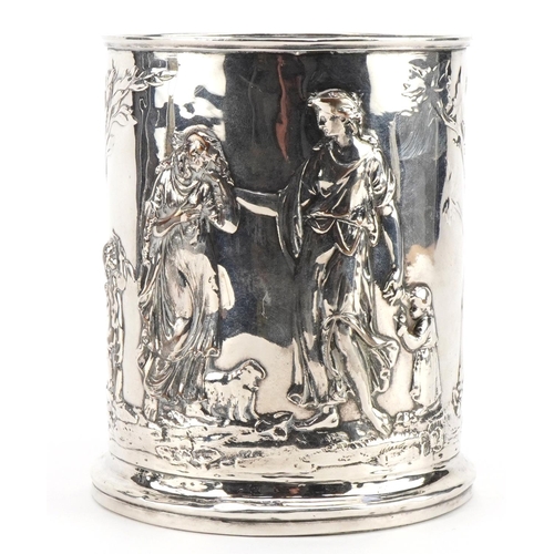 36 - Manner of Elkington & Co, silver plated tankard decorated in relief with classical figures, impresse... 