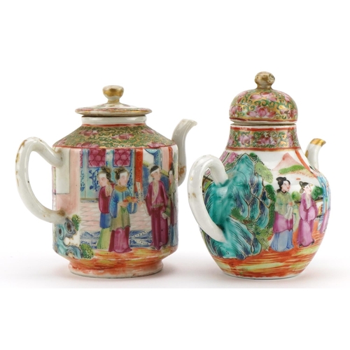 201 - Two Chinese Canton porcelain teapots hand painted with figures and flowers, the largest 13.5cm in le... 