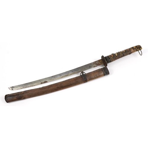 698 - Japanese Samurai sword with scabbard, tsuba and steel blade engraved with character marks, 72.5cm in... 