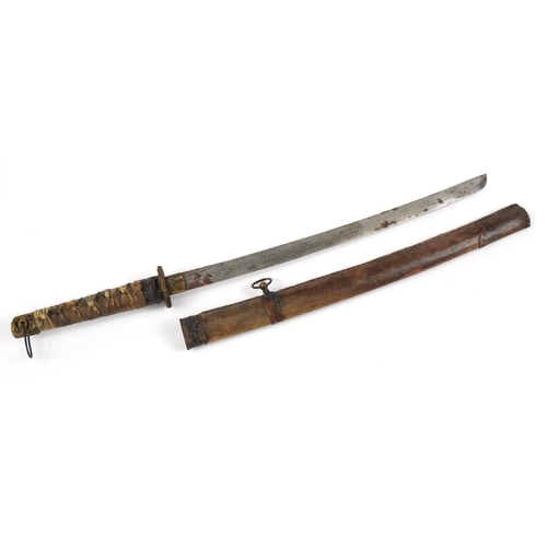 698 - Japanese Samurai sword with scabbard, tsuba and steel blade engraved with character marks, 72.5cm in... 