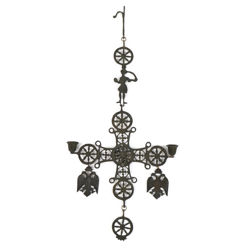 1106 - Russian patinated bronze articulated hanging cross with bells, 70.5cm high