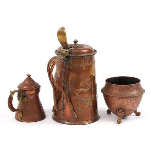 1151 - Metalware including Arts & Crafts Newlyn style copper stein embossed with horses, copper plaque impr... 