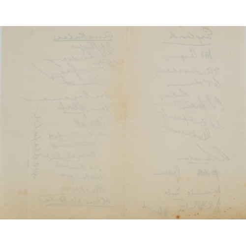 628 - Cricketing interest England and Australia ink signatures on paper including J D Hobbs and Don Bradma... 