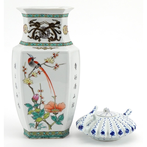 1162 - Chinese porcelain including a hexagonal vase hand painted in the famille rose palette and a blue and... 