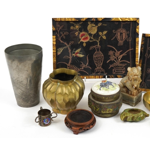 1156 - Chinese sundry items including pewter cocktail shaker, bronze vase, enamelled box and cover with pai... 