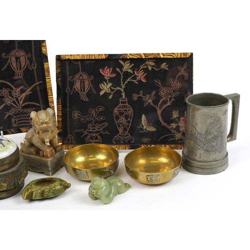 1156 - Chinese sundry items including pewter cocktail shaker, bronze vase, enamelled box and cover with pai... 