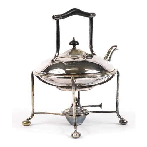 38 - Art Deco silver plated teapot on stand with burner and ebonised mounts, 30cm high