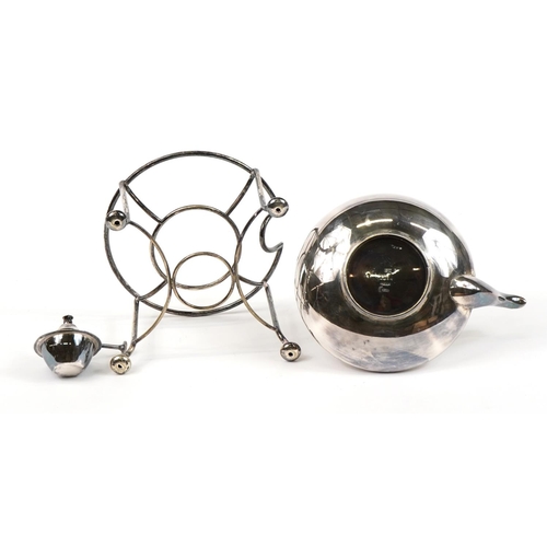 38 - Art Deco silver plated teapot on stand with burner and ebonised mounts, 30cm high