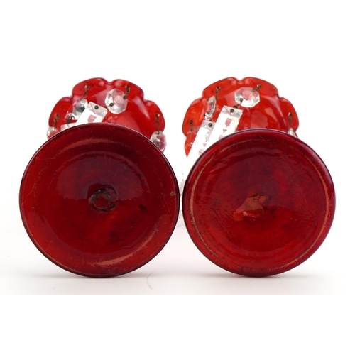 116 - Pair of Bohemian ruby glass lustres with cut glass drops, each 20.5cm high