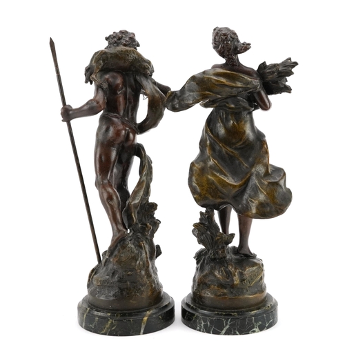 1148 - After August Moreau, pair of French patinated spelter figures titled Retour de Chasse and Retour de ... 