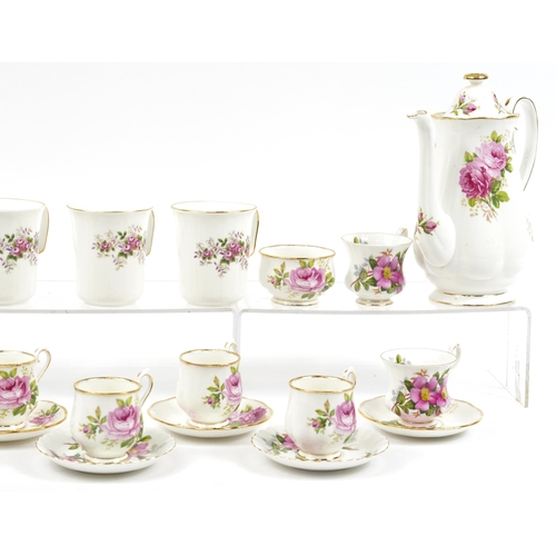 1090 - Royal Albert American Beauty and Lavender Rose tea and coffee ware including two coffee pots, the la... 