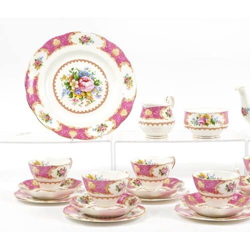 1087 - Royal Albert Lady Carlyle six place tea service comprising teapot, milk jug, sugar bowl, trios and b... 