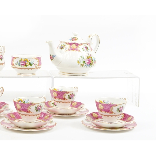 1087 - Royal Albert Lady Carlyle six place tea service comprising teapot, milk jug, sugar bowl, trios and b... 