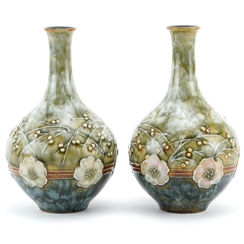 30 - Eliza Simmance for Royal Doulton, pair of Art Nouveau stoneware vases hand painted with flowers, 17.... 