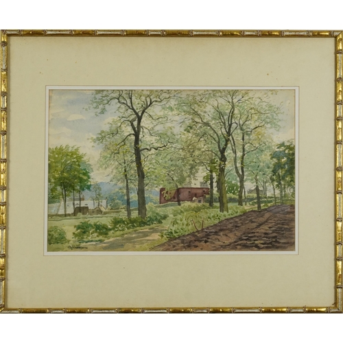 1428 - Walter Hutcheson - Rural landscape with tree lined path before buildings, late 19th/early 20th centu... 