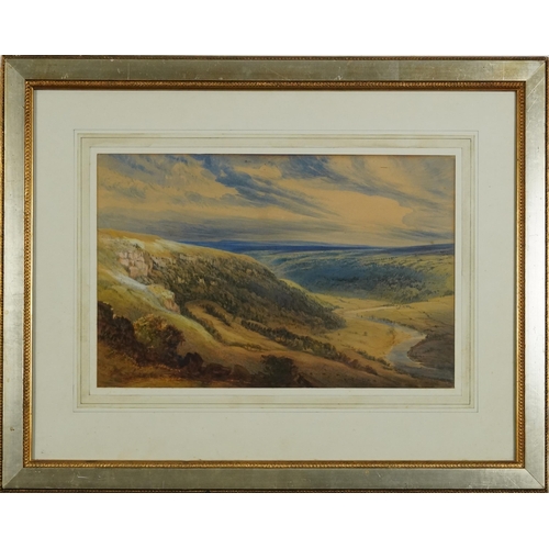 1456 - John Joy - Panoramic mountainous landscape, 19th century British school watercolour, inscribed verso... 