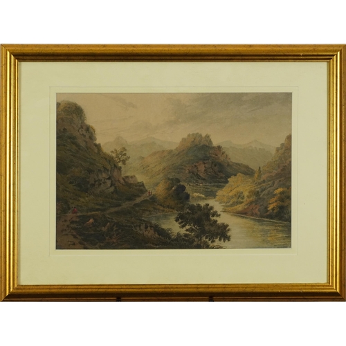 1527 - James Bourne - Mountainous river landscape with figures, late 18th/early 19th century watercolour, i... 