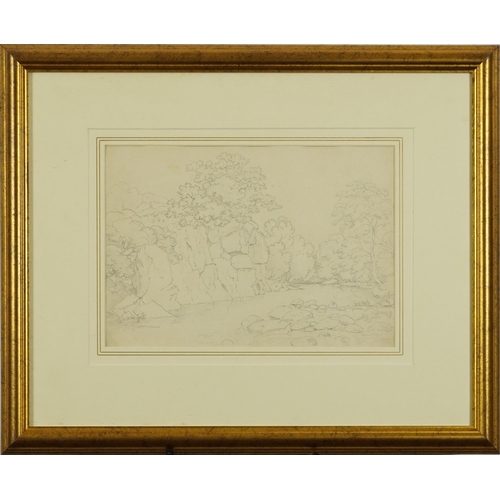 1554 - Thomas Sunderland - River landscape with trees, late 18th/early 19th century pencil, various inscrip... 