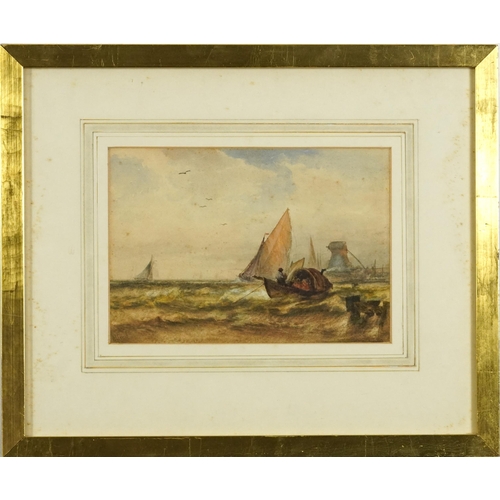 1510 - William James Callcott - Boats before a harbour, 19th century maritime interest watercolour, mounted... 