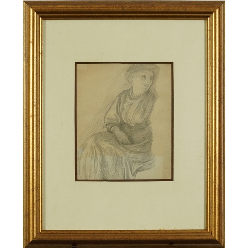 1541 - Thomas Matthew Rooke - Head of a seated woman, Pre-Raphaelite pencil, label verso, mounted, framed a... 