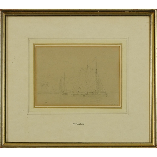 1535 - Walter William May - Sailing boats with figures, pencil, mounted, framed and glazed, 16.5cm x 12cm e... 