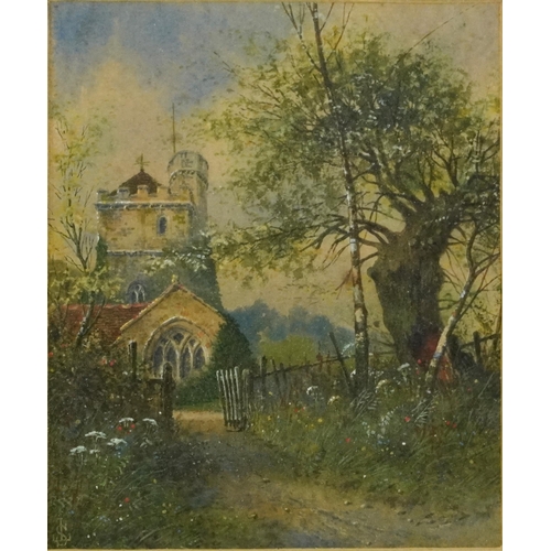 1548 - James Lawson Stewart - Pathway towards a church, monogrammed heightened watercolour, inscribed verso... 