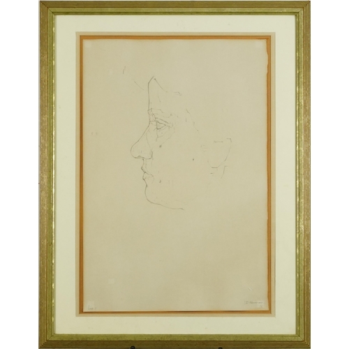 1604 - J D Newman 76 - Profile portrait, pencil line drawing, mounted, framed and glazed, 51cm x 34cm exclu... 