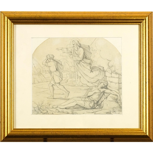 1619 - Attributed to Hans Knochl - Two figures before a saint, Pre Raphaelite school pencil, inscribed vers... 