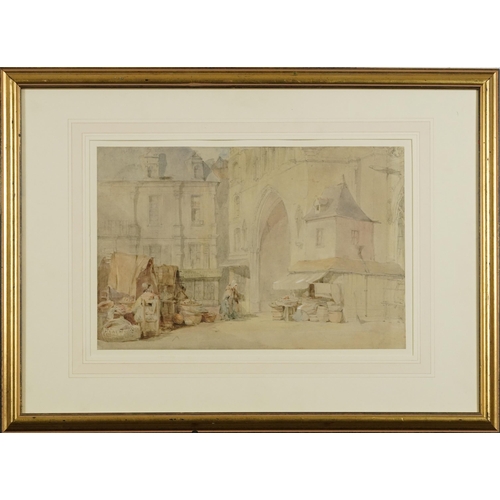 1605 - 19th century French market scene with figures, heightened watercolour and pencil, chalk marks verso,... 