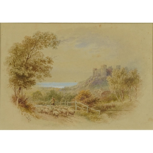 1630 - Attributed to Myles Birket Foster - Figure herding sheep before a castle, 19th century heightened wa... 