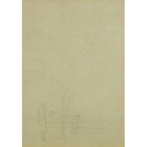 1632 - Attributed to William Daniell - Figure before banana tree, pencil, possibly from his tour of India, ... 