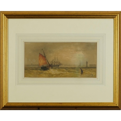 1491 - Charles Bentley - Boats offshore before a harbour entrance, 19th century watercolour, signed with mo... 