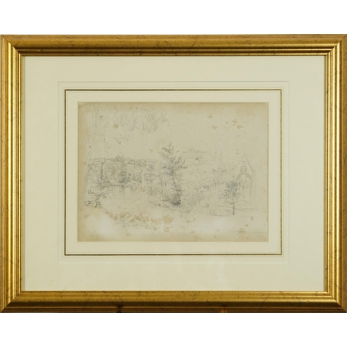 1526 - Clarkson Stanfield - Village landscape with church and bridge, 19th century pencil, inscribed verso,... 